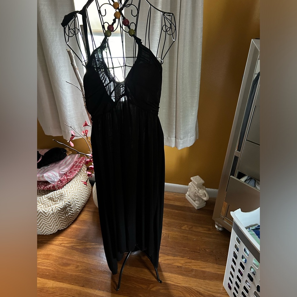 Black Sheer High Low Halter Beaded Tie Cover Up!